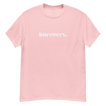 Pink t-shirt with 'Introvert!' text on a white background
