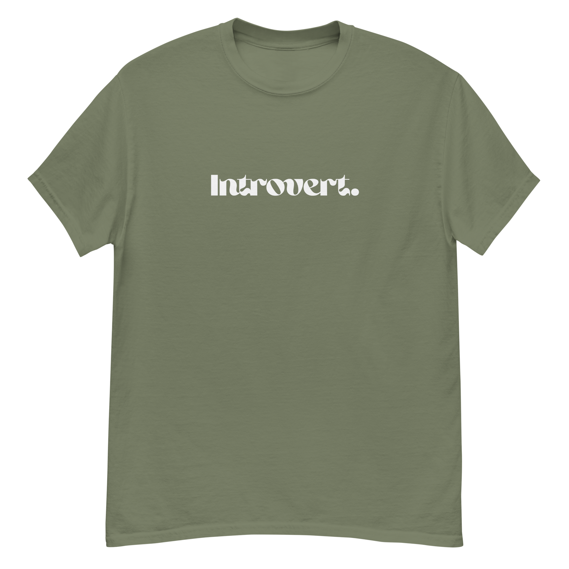 Green t-shirt with 'Introvert' text on a white background
