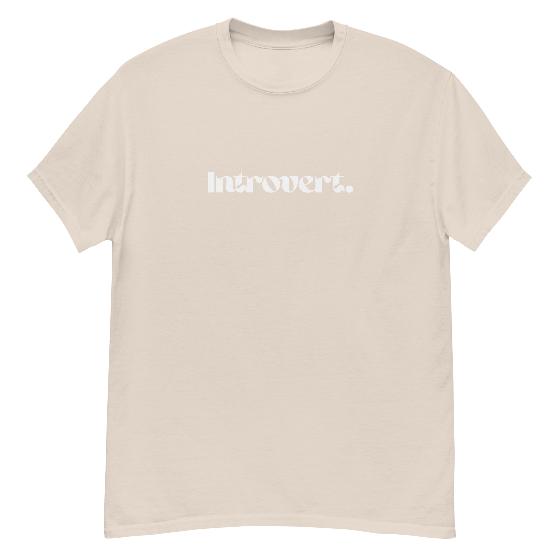Beige t-shirt with 'Introvert' text on a white background