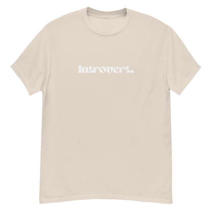 Beige t-shirt with 'Introvert' text on a white background