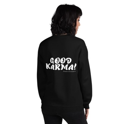 Good Karma sweatshirt with small front chest print and bold back graphic – minimalist cotton pullover for casual wear
