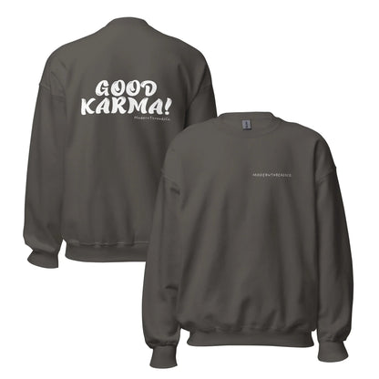 Good Karma sweatshirt with small front chest print and bold back graphic – minimalist cotton pullover for casual wear
