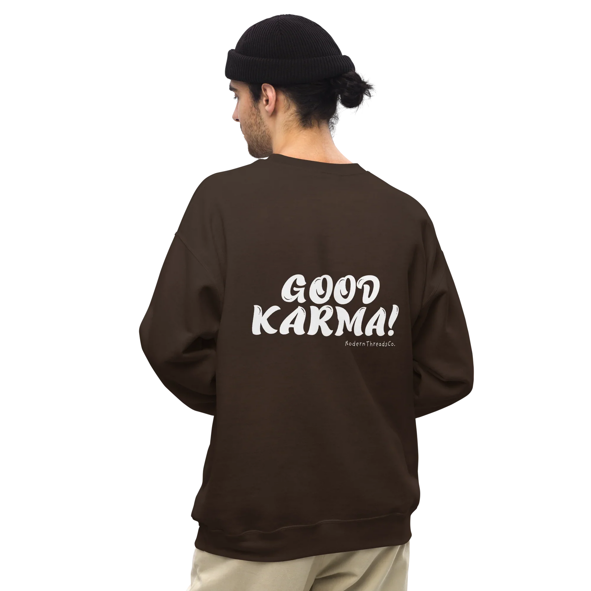 Good Karma sweatshirt with small front chest print and bold back graphic – minimalist cotton pullover for casual wear
