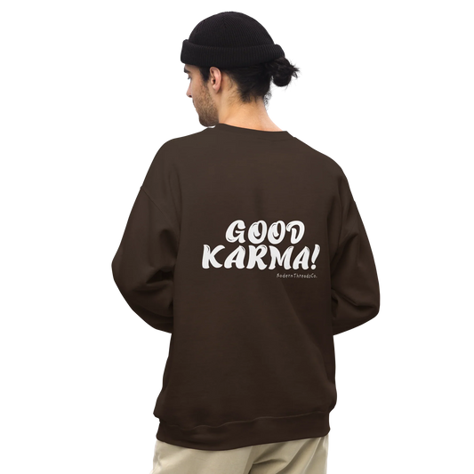 Good Karma sweatshirt with small front chest print and bold back graphic – minimalist cotton pullover for casual wear
