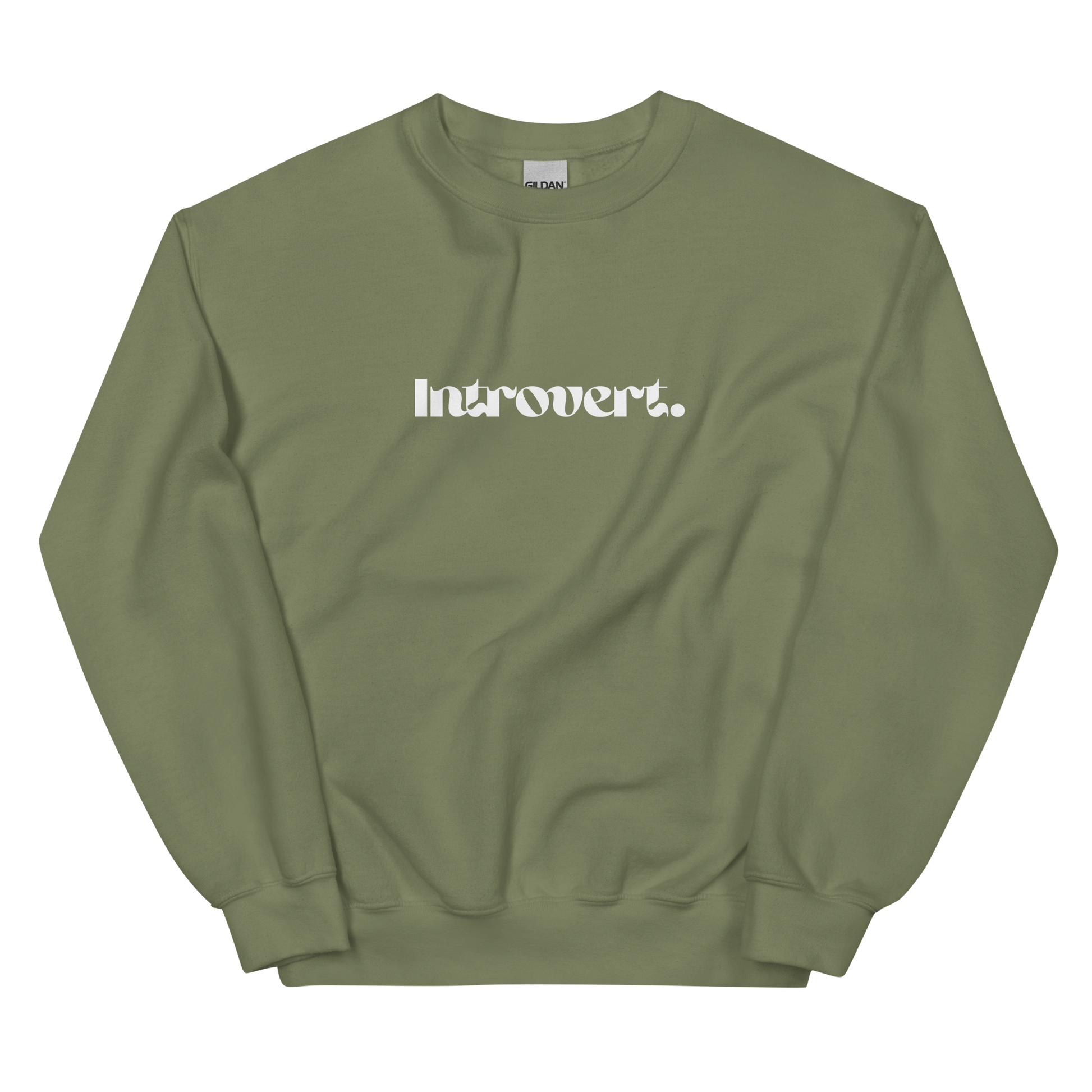 Military Green sweatshirt with 'Introvert' text on a white background