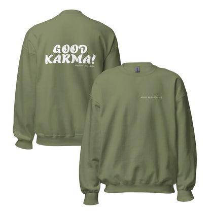 Good Karma sweatshirt with small front chest print and bold back graphic – minimalist cotton pullover for casual wear
