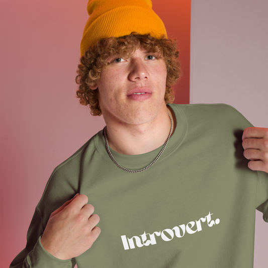 Person wearing a military green sweatshirt with 'Introvert.' text and an orange beanie against a gradient background