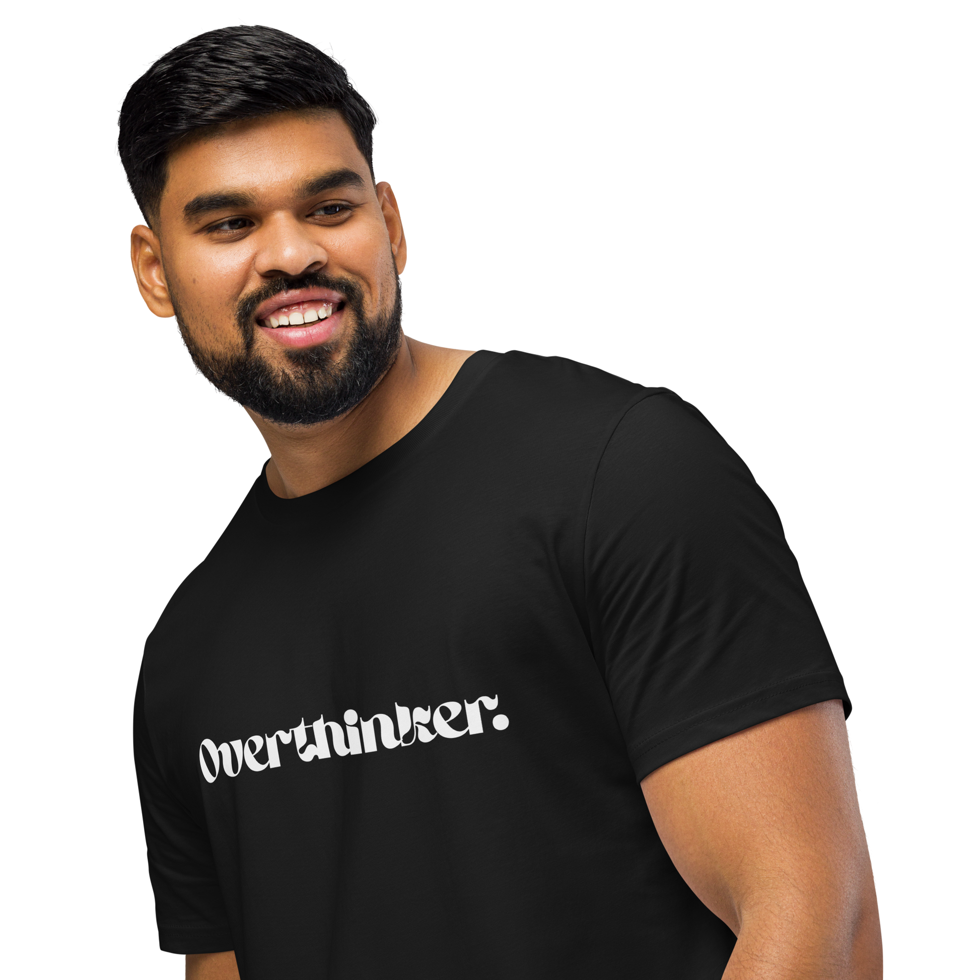 Man wearing a black t-shirt with 'overthinker' text on a white background