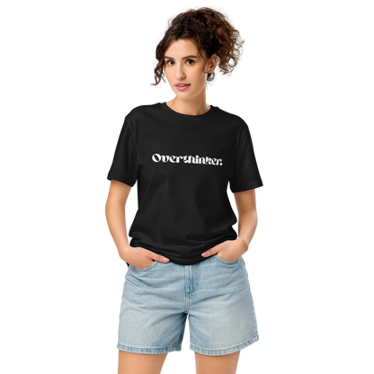 Woman wearing a black t-shirt with 'Overthinker' text on a white background