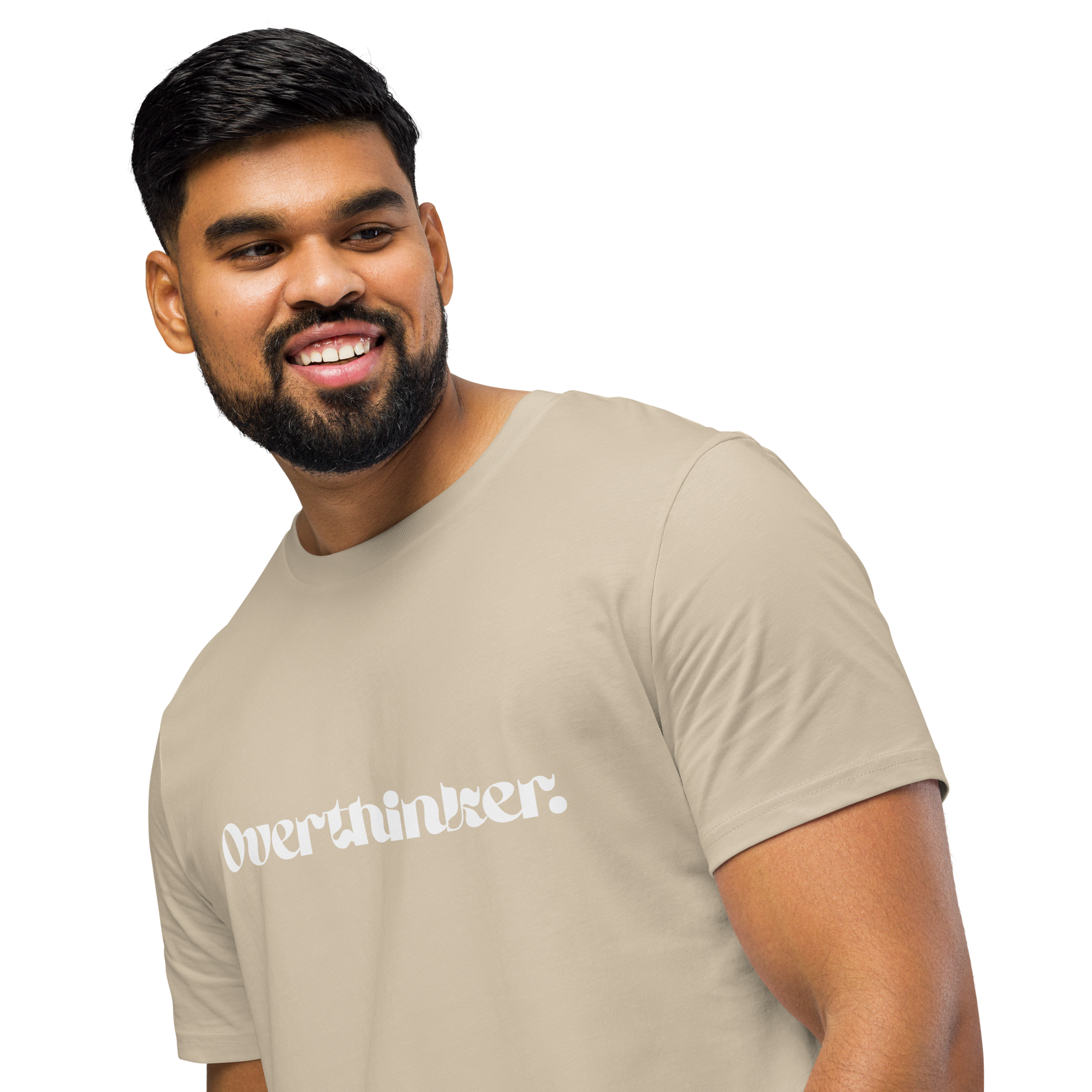 Man wearing a beige t-shirt with 'overthinker' text on a white background