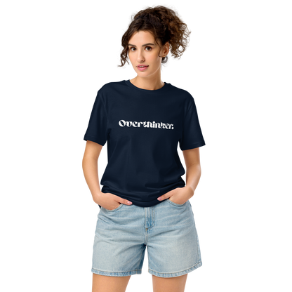 Woman wearing a navy blue t-shirt with 'Overthinker' text on a white background