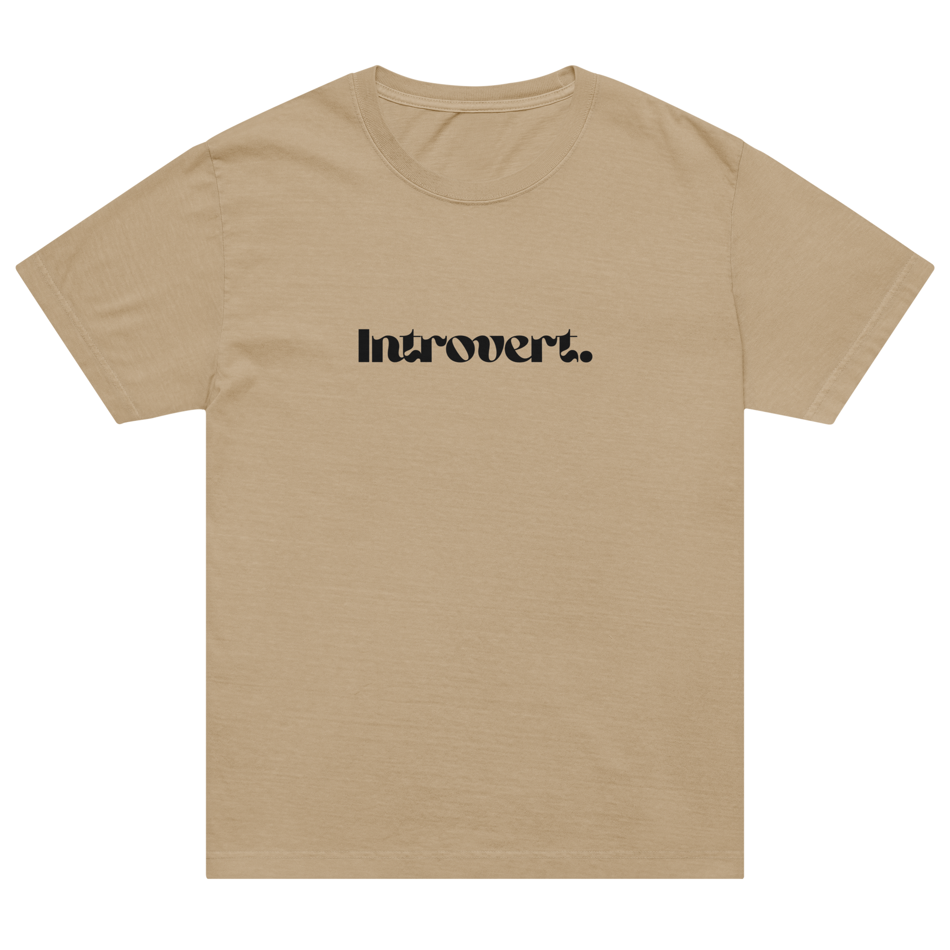 Beige t-shirt with 'Introvert.' text on a white background
