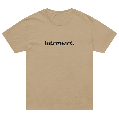 Beige t-shirt with 'Introvert.' text on a white background