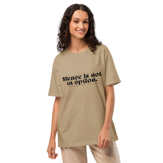 Woman wearing a beige t-shirt with text on a white background