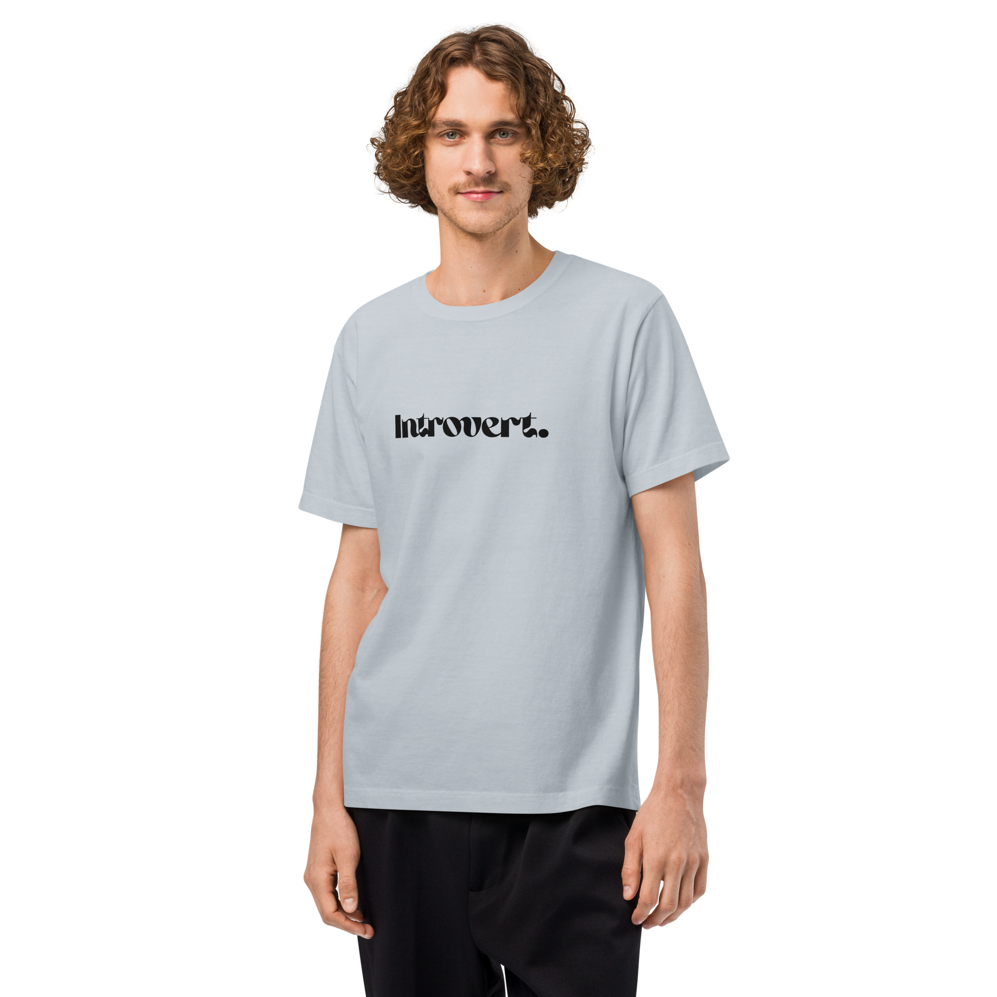 Person wearing a light blue t-shirt with 'Introvert' text on a white background