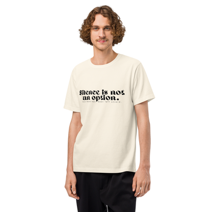 Person wearing a white t-shirt with text on a white background