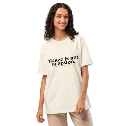Woman wearing a white t-shirt with text on a white background