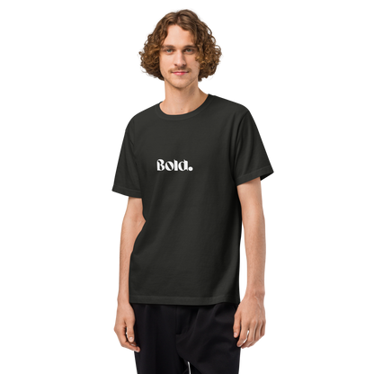 Person wearing a black t-shirt with 'Bold.' text on a white background