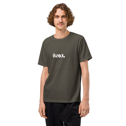 Man wearing a charcoal t-shirt with 'Bold.' text on a white background