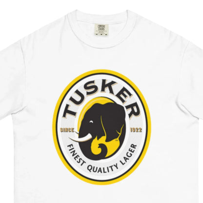 White t-shirt with Tusker beer logo on a white background