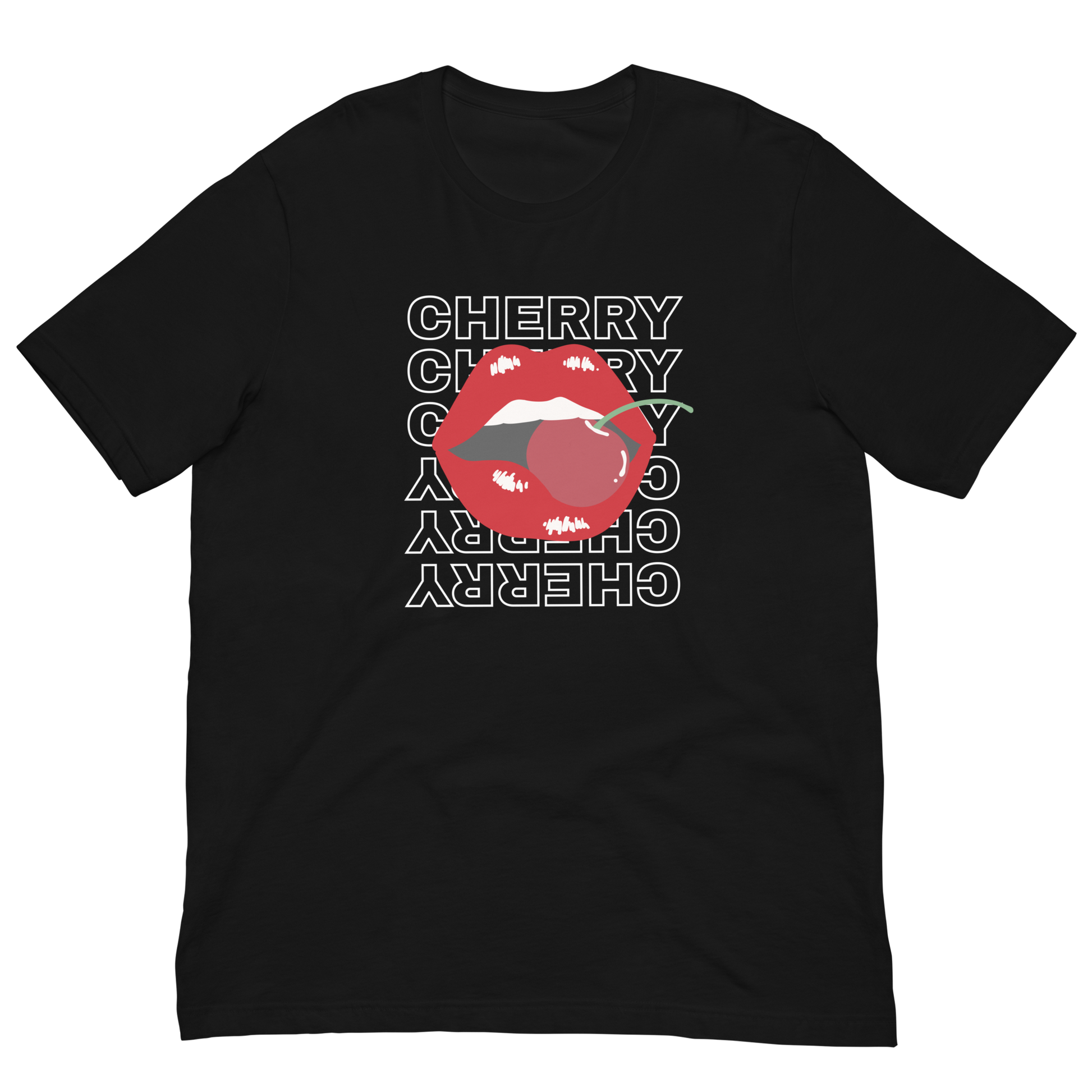 Cherry lips graphic t-shirt with bold red lips and cherry design, styled for Y2K fashion and baddie outfits.