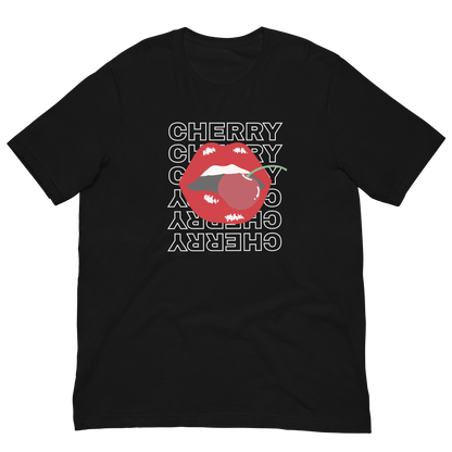 Cherry lips graphic t-shirt with bold red lips and cherry design, styled for Y2K fashion and baddie outfits.